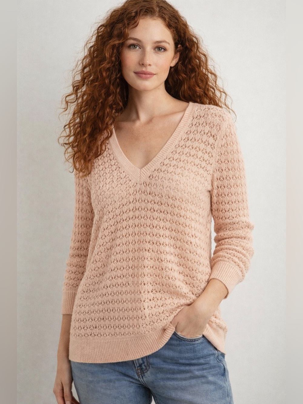 LOFT V-Neck Crochet Sweater in Soft Pink